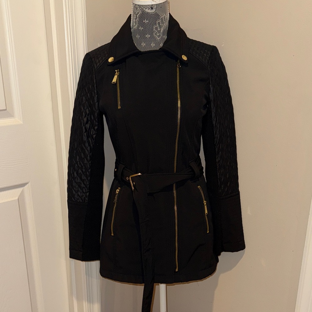 Michael Kors Black Quilted Sleeve Belted Trench Coat size XXS